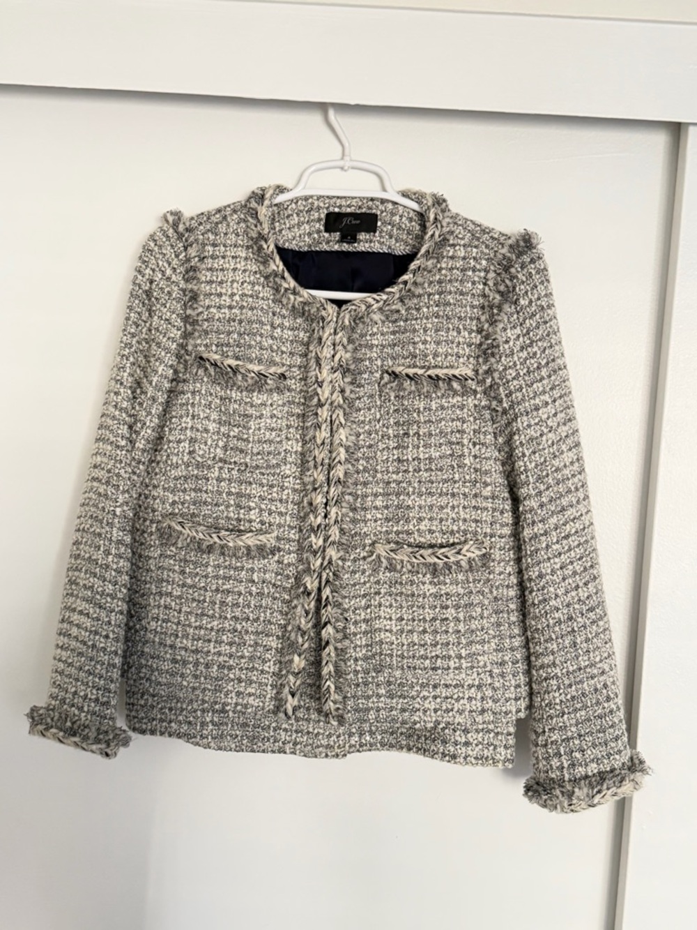 J. Crew Women's Black & White Tweed Fringe-Trim Jacket